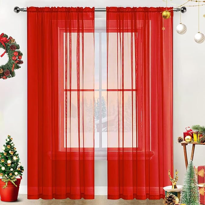 SpaceDresser Basic Rod Pocket Sheer Voile Window Curtain Panels White 1 Pair 2 Panels 60 Width 72 Inch Long for Kitchen Bedroom Children Living Room Yard(Red,60 W x 72 L)