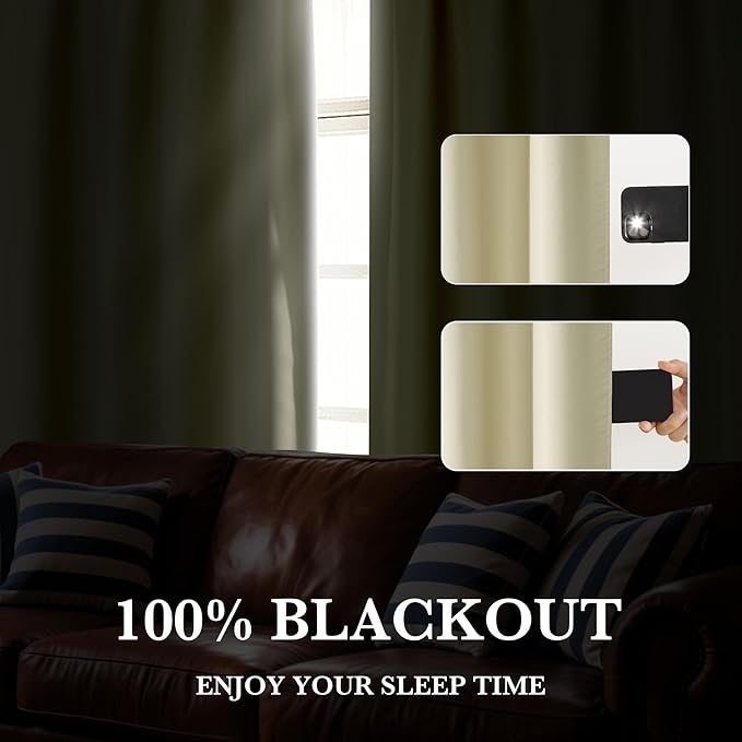 RYB HOME 100% Blackout Short Curtains for Small Window, Thermal Insulated Total Room Darkening Noise Reducing Curtains for Kitchen Bathroom Basement, 42 inches Wide by 45 inches Long, Beige