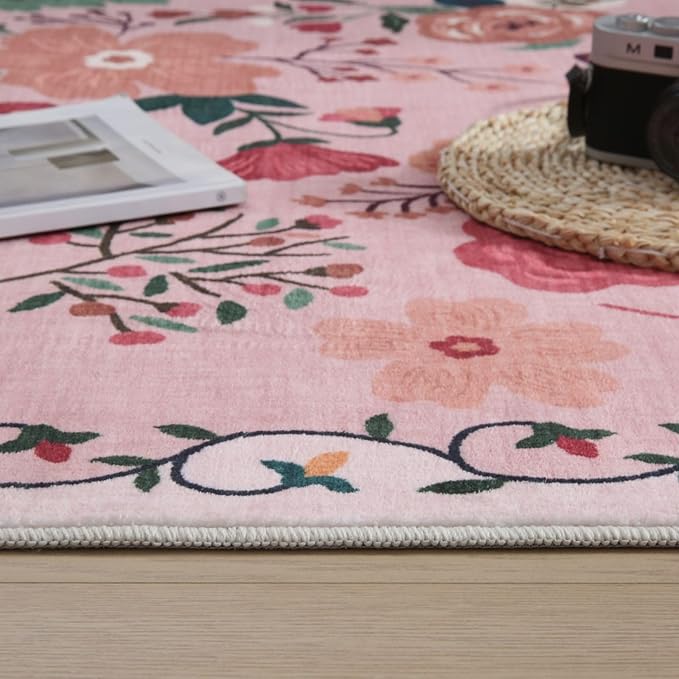 Rugcomf Washable Kitchen Runner 2'7"x12' - Floral Long Hallway Runner Rug Non Slip, Boho Carpet for Entryway, Hall, Bathroom - Pink