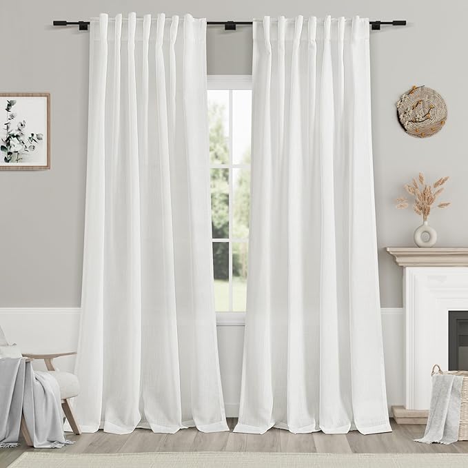 Nanspring Solid Off White Curtains 96 Inches Long 2 Panels Back Tab Sheer Linen Curtain Modern Farmhouse Coastal Decor White Cotton Textured Gauze Curtains for Patio Sliding Door Office Bedroom