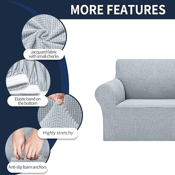 Cupuamon 2026 New Stretch Oversized Sofa Slipcovers Couch Sofa Cover for 4 Seater Furniture Protector Covers with Elastic Bottom Jacquard Fabric Small Checks for Pets, Kids - Silver