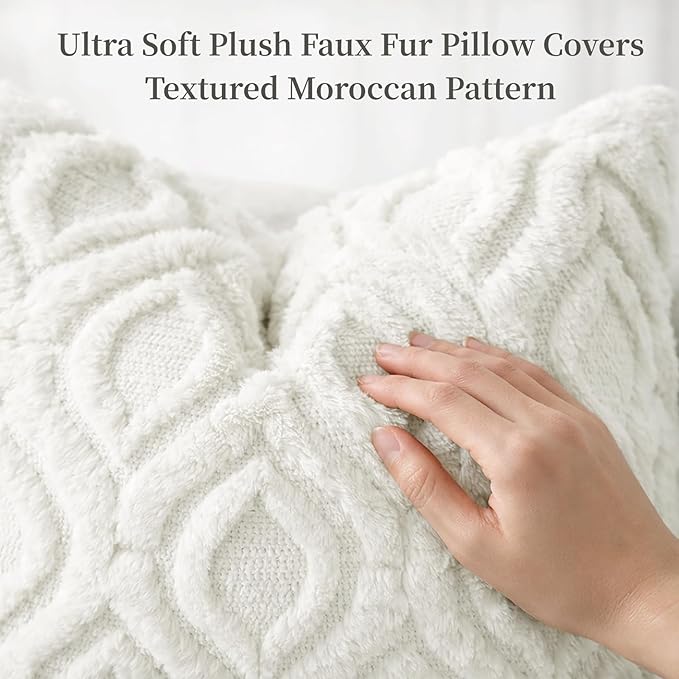 decorUhome Throw Pillow Covers 18x18 Inch Set of 2, Soft Plush Faux Wool Cream White Solid Couch Pillow Covers, Accent Farmhouse Neutral Square Pillow Cases for Sofa Bed Living Room