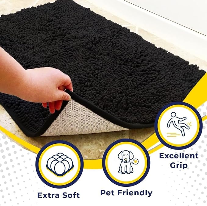 Muddy Mat® | Super Absorbent Door Mat Indoor, Microfiber Quick Dry Chenille Entryway Rug, Non-Slip Front Door Mat, Indoor Mats for Entryway, Machine Washable Pet Rug, Black 36"x72"