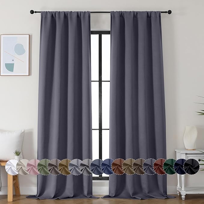 Simplebrand Ava Grey Blackout Curtains for Bedroom 90 Inches Long 2 Panels Set, Solid Privacy Energy Saving Living Room Window Treatment Curtains Blackout Drapes, W40 x L90 Inch, Grey