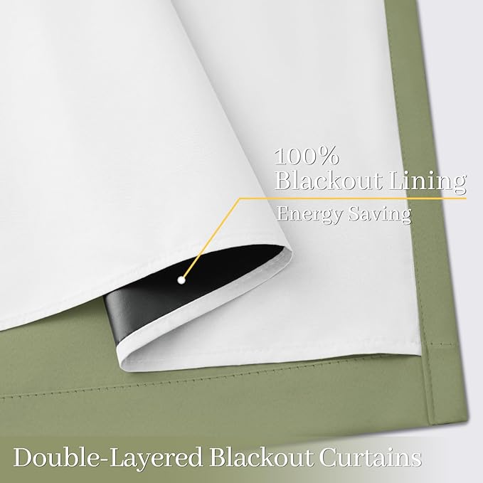 Yakamok 100% Blackout Curtains for Living Room, Thermal Insulated Blackout Curtains 84 inch Length Heat and Full Light Blocking Curtains Window Drapes for Bedroom with White Backing, Sage, W40 x L84