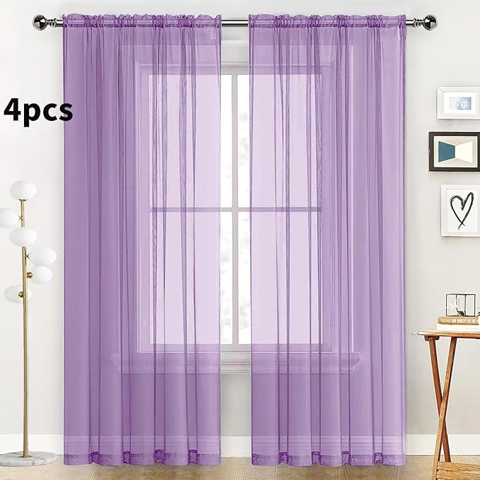 SpaceDresser Lavender Sheer Curtains 4 Panels Rod Pocket Semi-Sheer Curtain 90 Inches Long Light Filtering Voile Window Drapes for Bedroom Living Room Kitchen, Each 52W x 90L