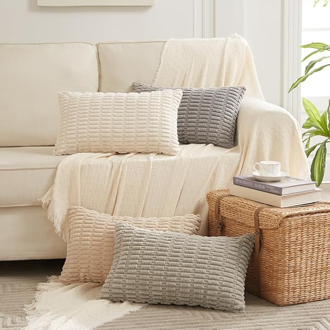 Fancy Homi 4 Packs Neutral Long Lumbar Decorative Throw Pillow Covers 16x24 Inch for Living Room Couch Bed, Boho Home Decor, Soft Striped Corduroy Rectangle Accent Grey Cushion Case 40x60 cm