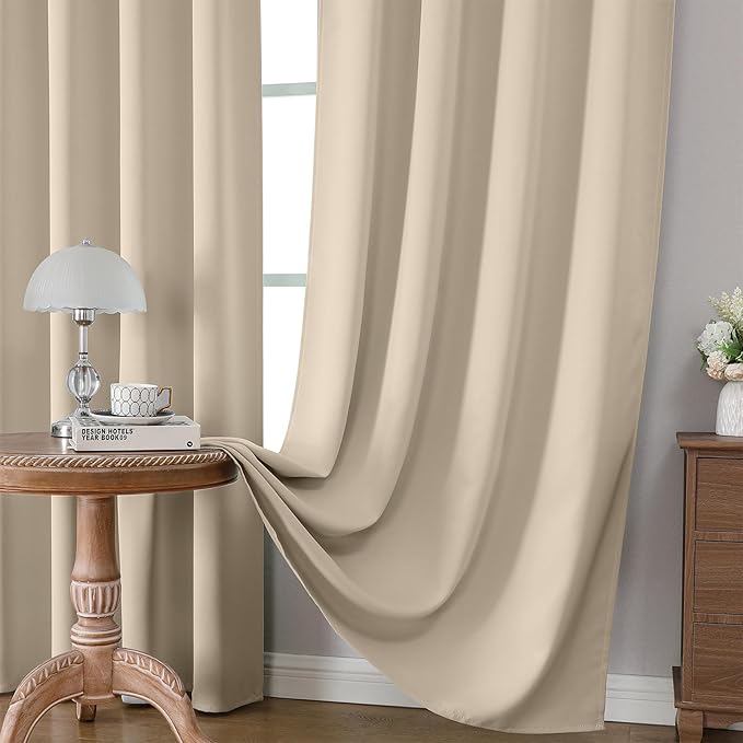 CUCRAF Light Beige Blackout Curtains 108 inch Length 2 Panels Set, Rod Pocket Room Darkening Drapes for Bedroom Living Room, Insulated Thermal Light Blocking Window Curtain (W52 x L108 Inch)