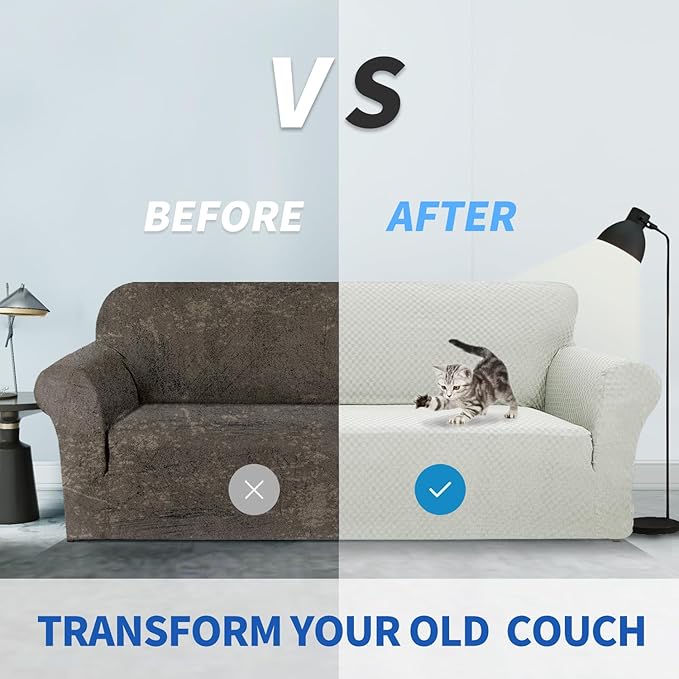 ZNSAYOTX 1 Piece Jacquard Couch Covers for 3 Cushion Couch Living Room High Stretch Sofa Cover Pets Dogs Friendly Anti Slip Thickened Slipcovers Furniture Protector (Large, Ivory)