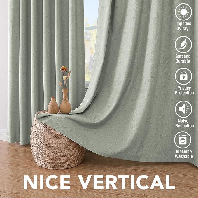 H.VERSAILTEX Linen Blackout Curtains 54 Inches Long 100% Absolutely Blackout Thermal Insulated Textured Linen Look Curtain Draperies Anti-Rust Grommet, Energy Saving with White Liner, 2 Panels, Sage