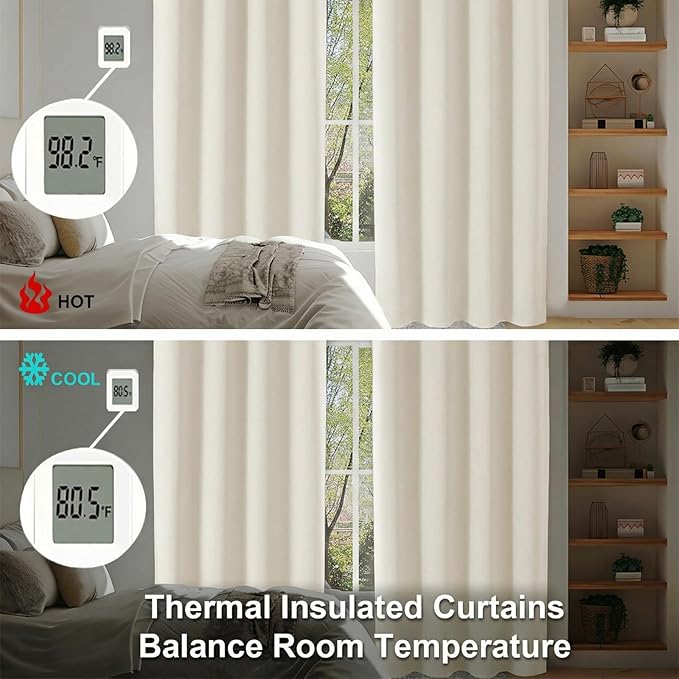 Simplebrand Ava Ivory Short Light Filtering Curtains for Bedroom 54 Inches Long 2 Panels Set, Solid Thermal Insulated, Energy Saving Window Treatment Curtains Light Filtering Drapes, W40 x L54 Inch