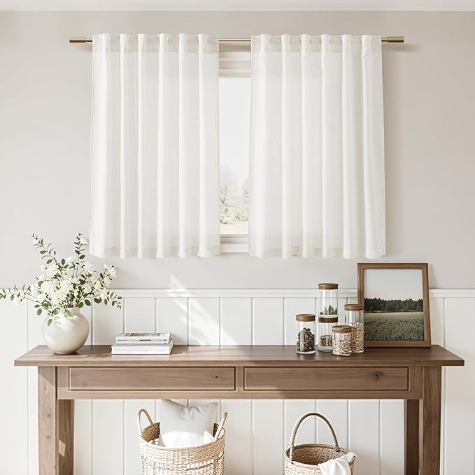 Nanspring Beige White Linen Curtains 36 Inch Length for Kitchen Window Cafe Curtain Privacy Semi Sheer Front Door Small Window Curtain Back Tab Rod Pocket for Bathroom Basement 26 X 36, 2 Panels