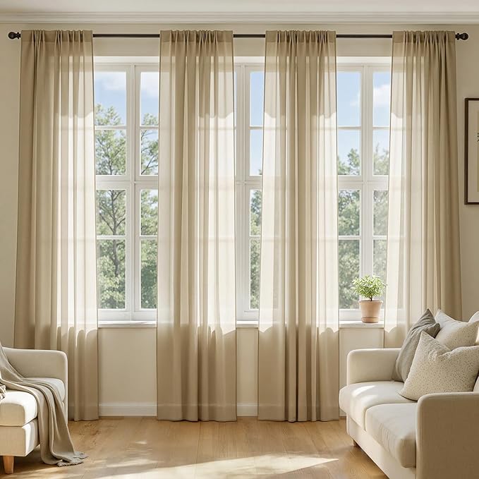 MIULEE Beige Sheer Curtains 90 Inches Long, 4 Panels Set, Rod Pocket Voile Drapes Light Filtering and Semi Transparent, Elegant Window Treatments for Bedroom Living Room,54 x 90 Inches