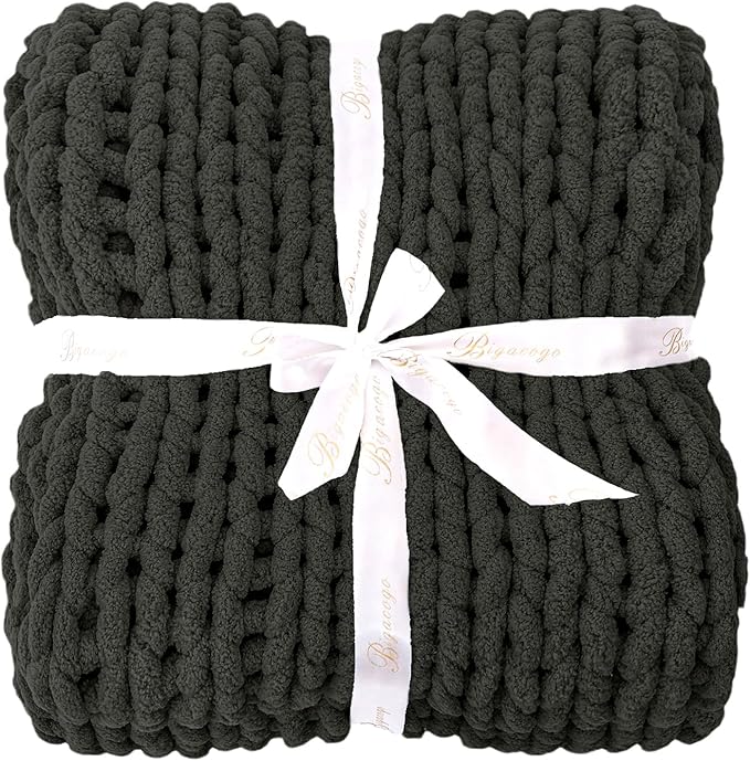 Bigacogo Chunky Knit Throw Blanket for Couch, 60x80 inches, 100% Hand Knitted with Thick Jumbo Chenille Yarn, Cozy Soft Large Rope Knot Cable Crochet Blankets for Sofa Bed Living Room, Dark Grey