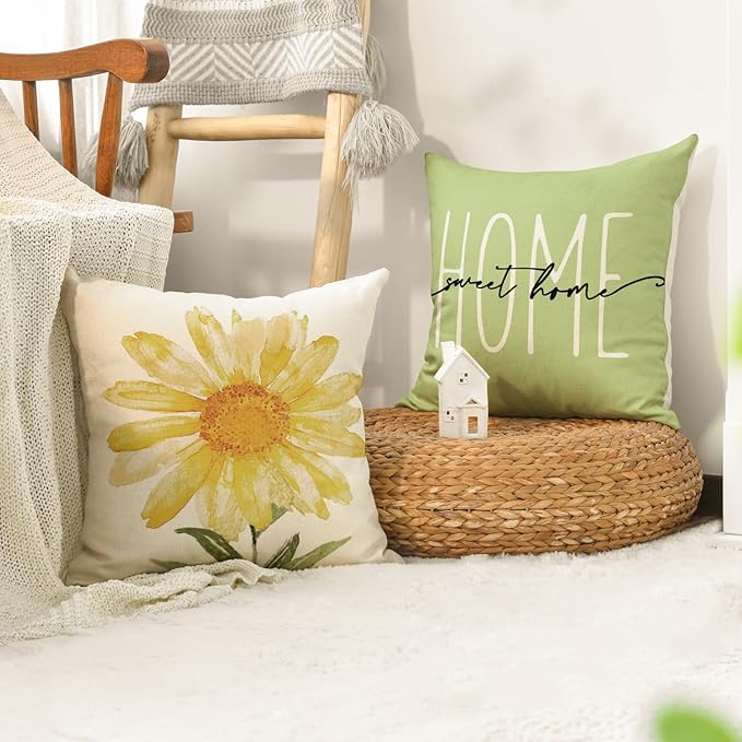 AVOIN colorlife Home Sweet Home Spring Summer Flowers Green Throw Pillow Covers, 16 x 16 Inch Cushion Case for Sofa Couch Set of 4