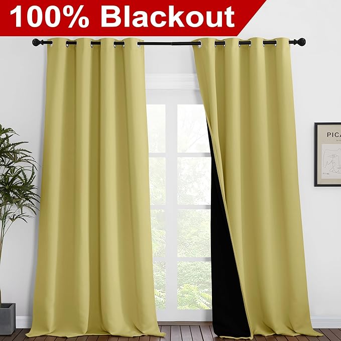 NICETOWN 100% Blackout Blinds, Set of 2, 52 inches x 102 inches, Laundry Room Decor Window Treatment Curtains for Large Patio Sliding Door, Thermal Insulated Paler Yellow Curtains for Bedroom