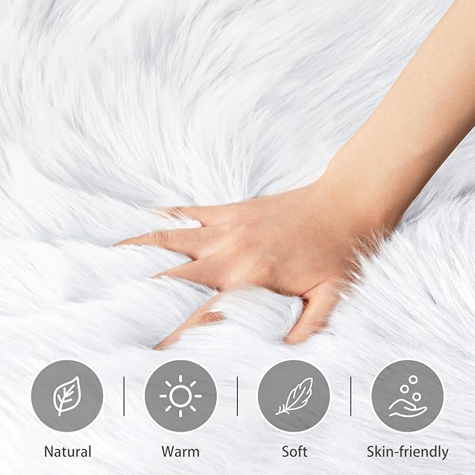 CIICOOL Faux Fur Rug White Fluffy Area Rugs for Bedroom, Thick Fuzzy Shag Rug Furry Bedside Nursery Rug for Living Room Plush Indoor Floor Carpet for Kids Room Teen Dorm, 3x5 ft