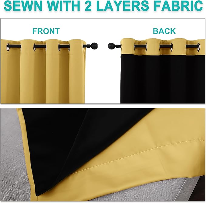 NICETOWN Total Shade Curtains and Draperies, Heavy-Duty Full Light Shading Drapes with Black Liner Backing for Villa/Hall/Dorm Window（Bright Yellow, Package of 2 Panels, 62" Wide x 95" Long