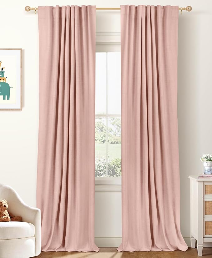 100% Blackout Shield Linen Blackout Curtains for Bedroom 120 Inches Long, Back Tab/Rod Pocket Living Room Drapes, Thermal Insulated Blackout Curtains 2 Panels Set, 50" W x 120" L, Blush Pink