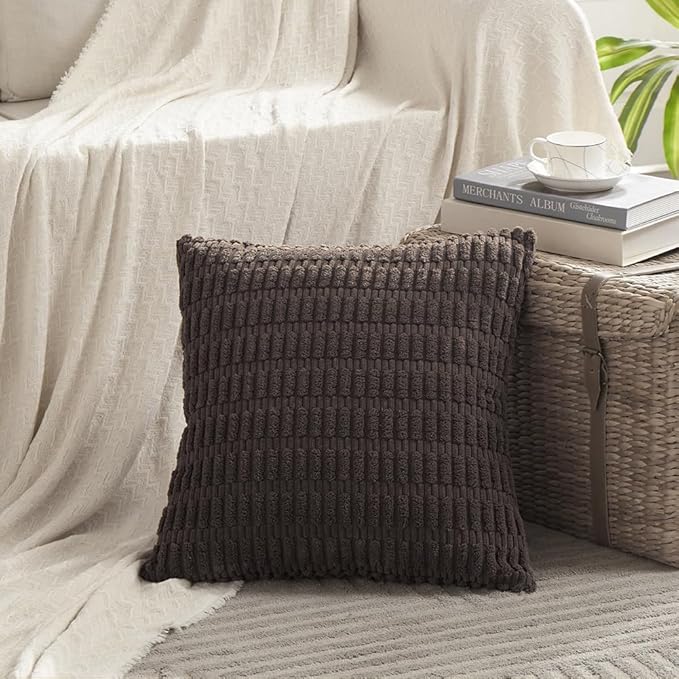 Fancy Homi 4 Packs Boho Dark Brown Decorative Throw Pillow Covers 18x18 Inch for Living Room Couch Bed Sofa, Rustic Modern Farmhouse Home Decor, Soft Plush Corduroy Cute Square Cushion Case 45x45 cm