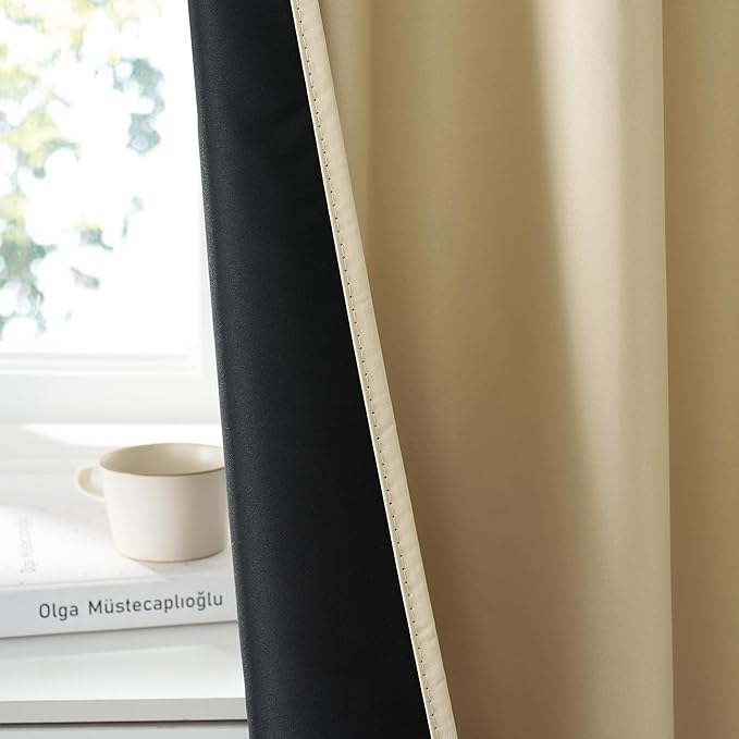 RYB HOME Bedroom Blackout Curtains 63 inches Long, 100% Blackout Thermal Insulated Noise Reducing Curtains for Living Room Nursury, 42 inches Wide by 63 inches Long, Biscotti Beige