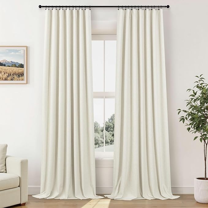 Room Darkening Curtains 63 Inches Long Small Bay Window Dining Room Curtains Boho Soft Cotton Linen Textured Insulated Back Tab Pocket Pleated Blackout Drapes Cream Ivory 52 x 63 Inch Length 2 Panels