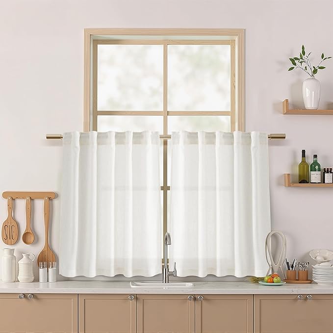 Nanspring 24 Inch Linen Curtains for Kitchen Beige White Small Window Semi Sheer Curtains Back Tab and Rod Pocket Light Filtering Drapes for Basement Short Cafe Curtain 30 x 24 Inch, 2 Panels