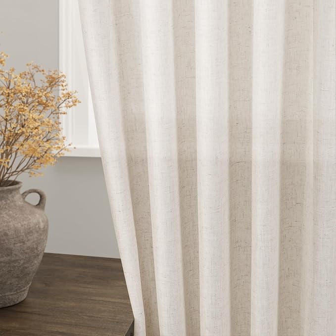 Nanspring Linen 102 Inch Long Curtains for Living Room 2 Panels Back Tab Pocket Semi Sheer Light Filtering Curtains Bohemian Rustic Beige Solid Color Drapes for Sliding Glass Door Bedroom 40x102