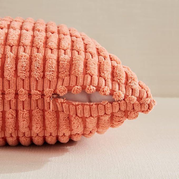 Fancy Homi 4 Packs Boho Coral Decorative Throw Pillow Covers 22x22 Inch for Living Room Couch Bed Sofa, Rustic Modern Farmhouse Home Decor, Soft Plush Corduroy Peach Cute Square Cushion Case 55x55 cm