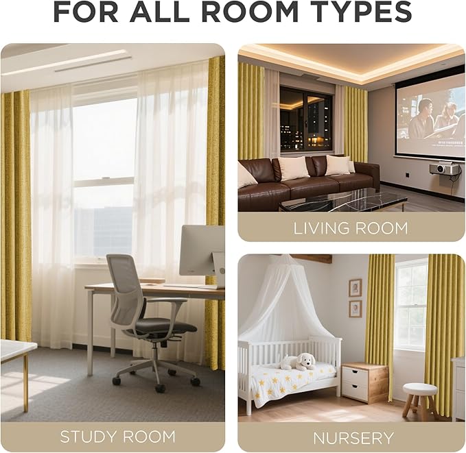Joydeco Blackout Curtains for Bedroom - 100% Light Blocking 2 Panels Set Yellow Drapes 66"W x 108"L, Thermal Insulated Room Darkening Curtains, Linen Textured for Living Room, Rod Pocket & Back Tabs