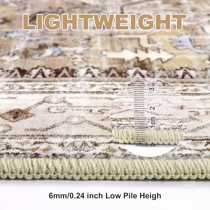 Yamaziot Area Rug 9x12, Non-Slip Washable Boho Vintage Living Room Bedroom Rug with Rubber Backing, Low Pile Faux Wool Soft Distressed Rug Floor Carpet for Living Room, Bedroom