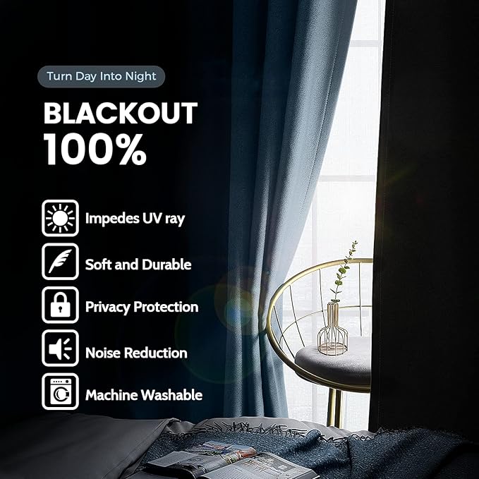 SimpleHome 100% Blackout Curtains for Bedroom,Thermal Insulated Stone Blue Grommet Window Drapes Room Darkening Curtains for Living Room with Black Back,38 x 63 Inch,2 Panels