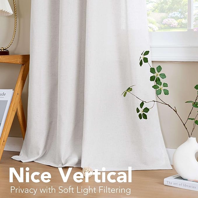 H.VERSAILTEX 2 Pack Ultra Luxurious High Woven Linen Elegant Semi Sheer Curtains Grommet Curtain Panels Light Filtering Privacy Panels Drapes for Kitchen, Nickel Grommet, 52x63-Inch, Heathered White