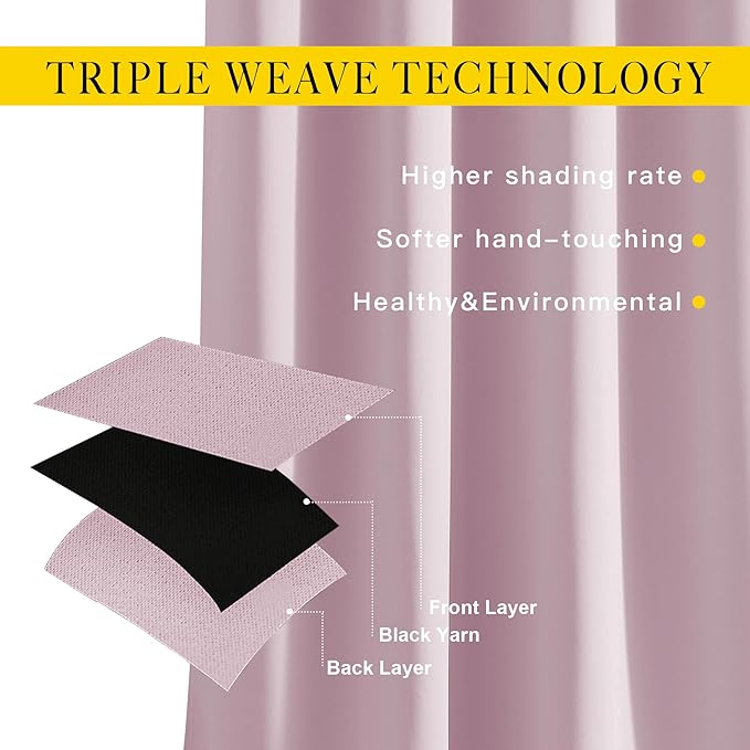 NICETOWN Kitchen Room Darkening Curtains and Drapes - Triple Weave Energy Saving Thermal Insulated Solid Grommet Room Darkening Panels for Patio (1 Pair, 46 inches by 90 Inch, Baby Pink)