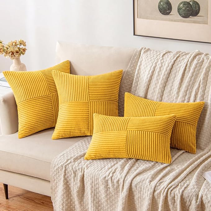 MIULEE Mustard Yellow Decorative Throw Pillow Covers 20x20 Inch for Couch Bed Sofa Pack of 2 Boho Farmhouse Throw Pillows Soft Cross Corduroy Patchwork Textured Cushion Cases