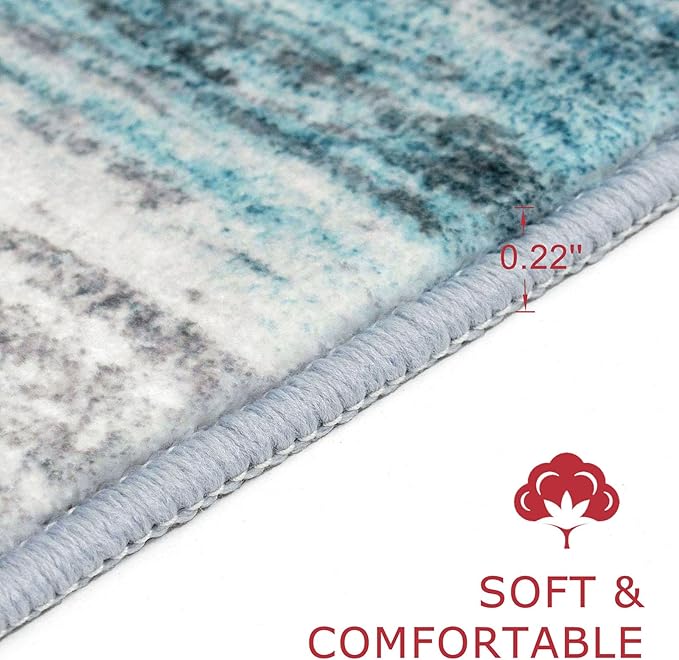 KOZYFLY Modern Abstract Hallway Runner Rug, 2.6x8 Washable Rug Runner Non-Slip Soft Striped Kitchen Runner Rugs, Print Light Blue Carpet Runner for Entryway Bathroom Laundry Room Foyer