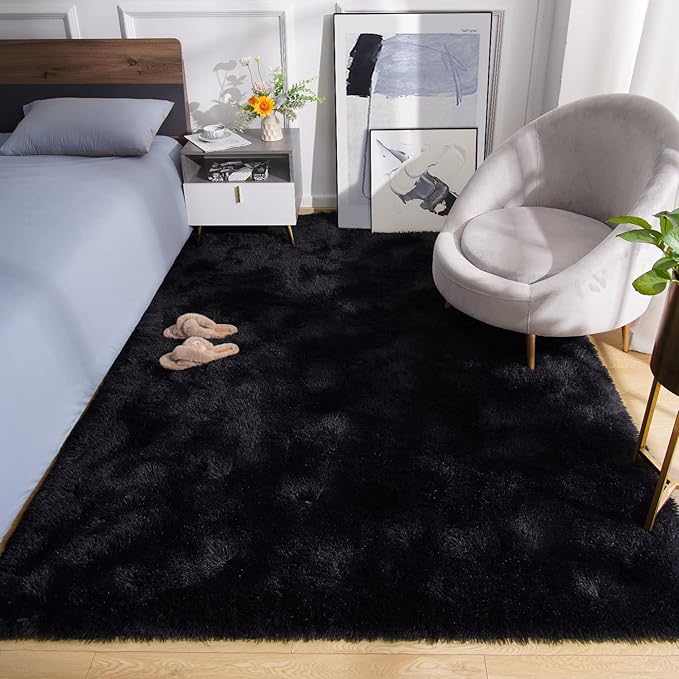 Amearea 8x10 Premium Soft Fluffy Rug Modern Shag Carpet, Fuzzy Shaggy Rugs for Bedroom Living Room Teen Apartment Decor, Comfortable Indoor Furry Dorm Carpets, Black