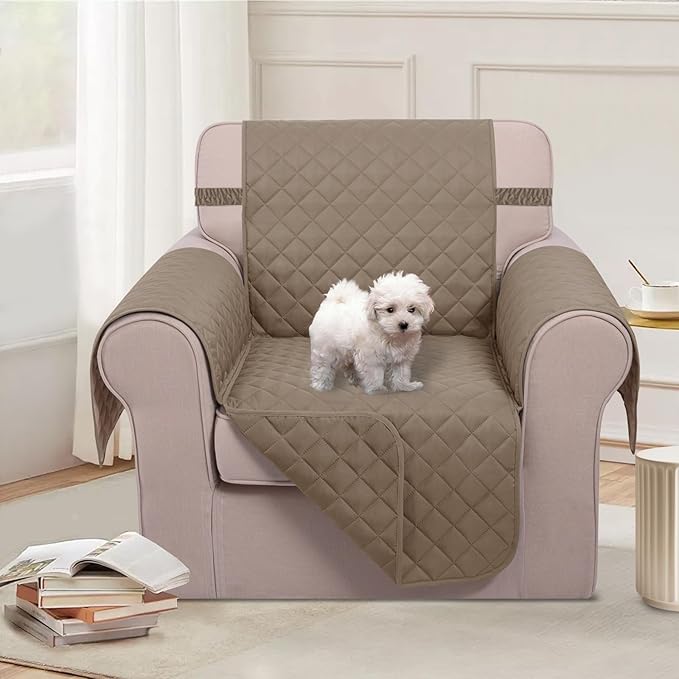U-NICE HOME Reversible Oversized Chair Covers Quilted Water Repellent Pet Protectors with Elastic Straps(28''Armchair, Taupe/Taupe)