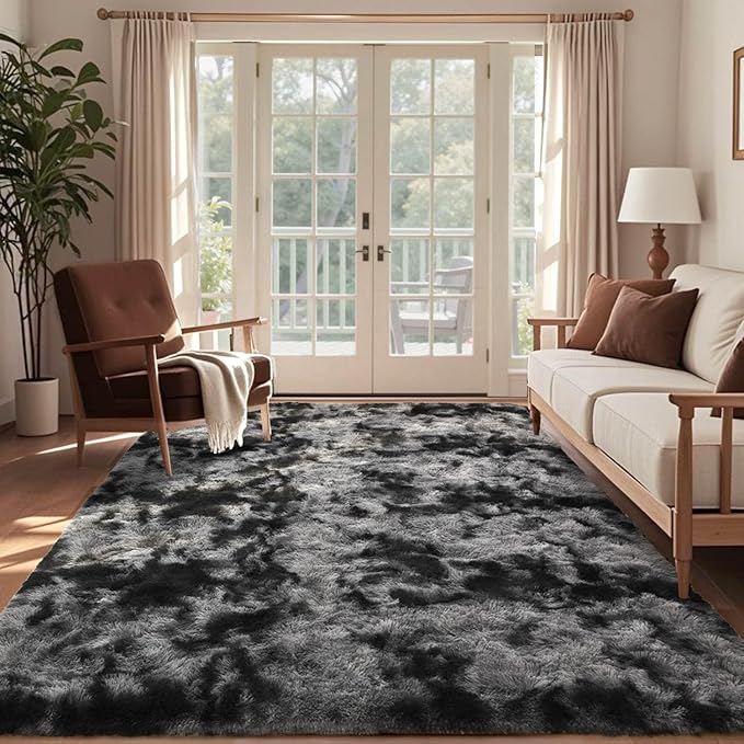 5x7 Ft Large Shag Rugs for Bedroom Living Room Decor for Men Boys, Tie Dyed Ultra Soft Fluffy Furry Area Rug for Indoor Floor, Aesthetic Carpet for Home Decor (Dark Grey)