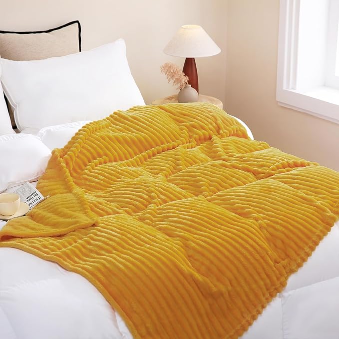 Mustard Yellow Fleece Throw Blanket 60”×80” for Couch Sofa Bed,Super Soft Cozy Plush Microfiber Flannel Blanket with Stripes Design Lightweight for Adults,Woman,Girls