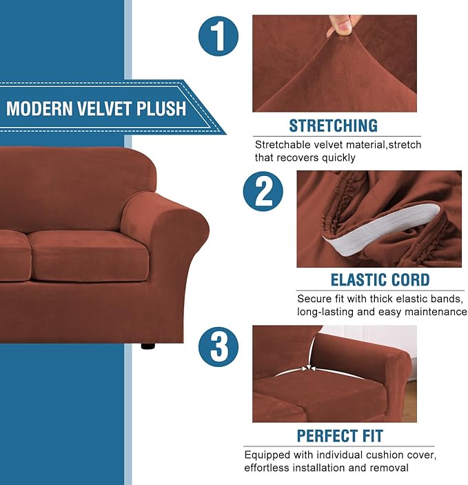 H.VERSAILTEX Modern Velvet Plush 4 Piece High Stretch Sofa Slipcover Sofa Cover Furniture Protector Form Fit Luxury Thick Velvet Sofa Cover for 3 Cushion Couch, Machine Washable (Sofa, Rust