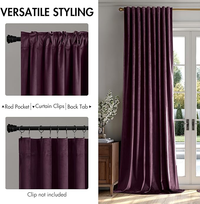 MIULEE Dark Purple Velvet Curtains 108 inches - Luxury Blackout Curtains for Bedroom Living Room Thermal Insulated Super Soft Window Drapes Rod Pocket & Back Tab, W52 x L108 inches, 2 Panels
