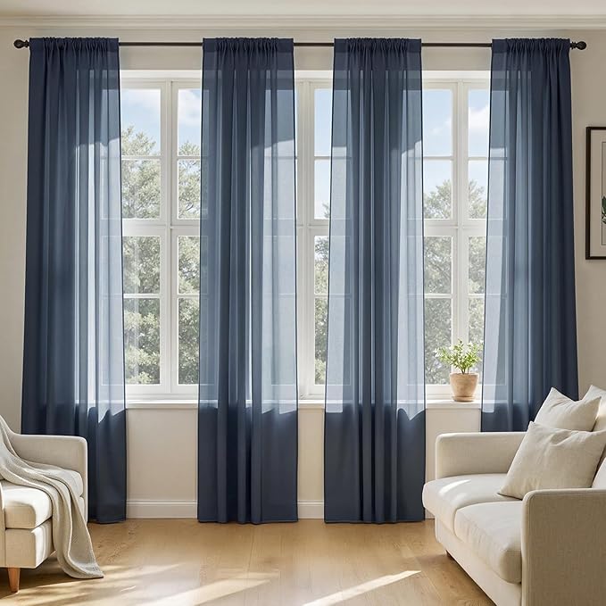 MIULEE Navy Blue Sheer Curtains 108 Inches Long, 4 Panels Set, Light Filtering Rod Pocket Voile Drapes Window Treatments, Semi Transparent Airy Fabric for Bedroom and Living Room, 54 x 108 Inches
