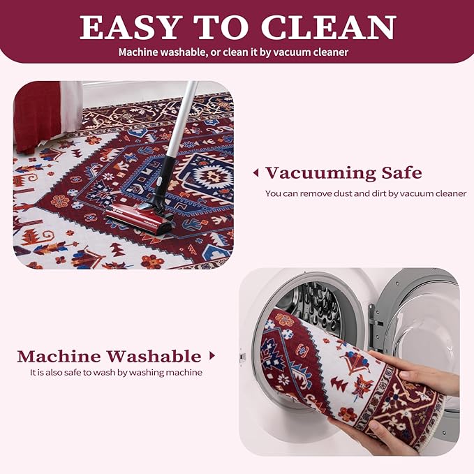 SERISSA 5x7 Boho Area Rug, Washable Non-Slip Rugs for Living Room, Large Burgundy Navy Rug Ultra Soft Vintage Oriental Print Distressed Carpet for Bedroom Dining Room Dorm Office Home Decor