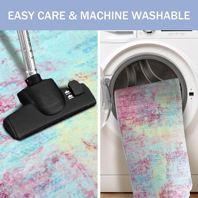 IOHOUZE Abstract Runner Rug 2x8 Ft Washable Runners for Hallways, Non Slip Kitchen Runner Printed Faux Wool Entryway Runner Indoor, Modern Abstract Floor Carpet for Hall Kitchen Bedroom, Pink Teal