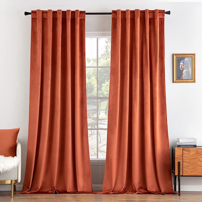 MIULEE Velvet Curtains 96 inches 2 Panels - Luxury Burnt Orange Blackout Curtains for Bedroom Living Room Thermal Insulated Super Soft Window Drapes Rod Pocket & Back Tab, Terracotta Rust Fall Decor