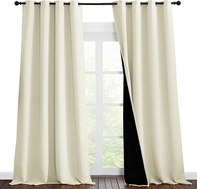 NICETOWN Thermal Insulated 100% Blackout Curtains, Noise Reducing Performance Drapes with Black Lining, Full Light Blocking Drapery Panels for Patio (Beige, 1 Pair, 55 inches x 96 inches)