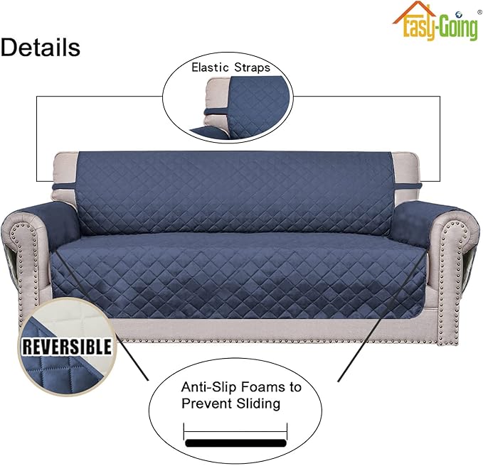 Easy-Going Reversible Oversized Couch Cover for 3 Cushion Couch Sofa Cover for Dogs Water Resistant Furniture Protector Cover with Foam Sticks for Pet (Oversized Sofa, Dark Blue/Ivory)