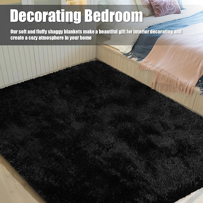 Shag Area Rug for Bedroom 5x8,Black Fluffy Area Rugs for Living Room,Soft Fuzzy Rug Non-Shedding Indoor Plush Carpet for Kids Bedroom Nursery Dorm Home Decor