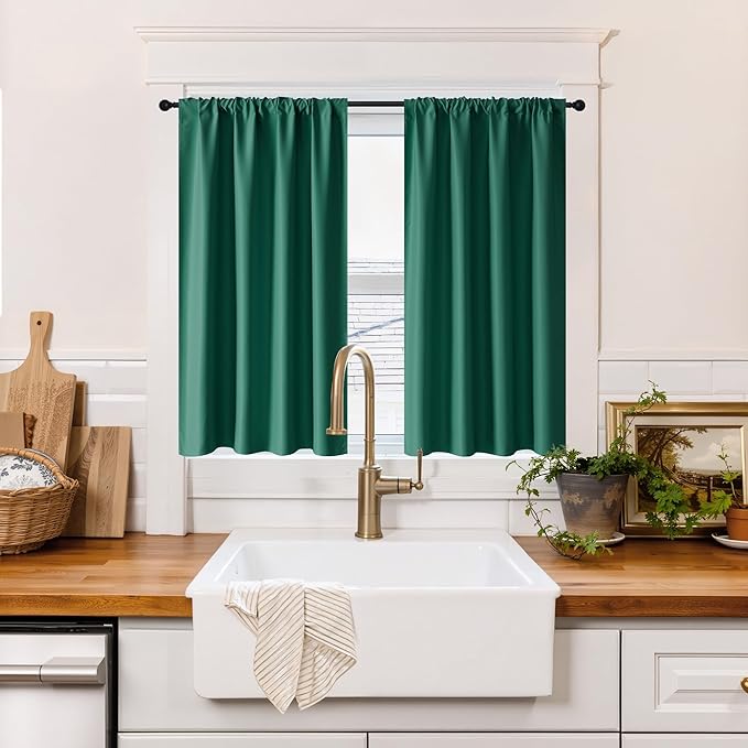 RYB HOME 100% Blackout Short Curtains for Small Window, Thermal Insulated Total Room Darkening Noise Reducing Curtains for Basement Bathroom RV Cars, 29 inches Wide by 36 inches Long, Dark Green